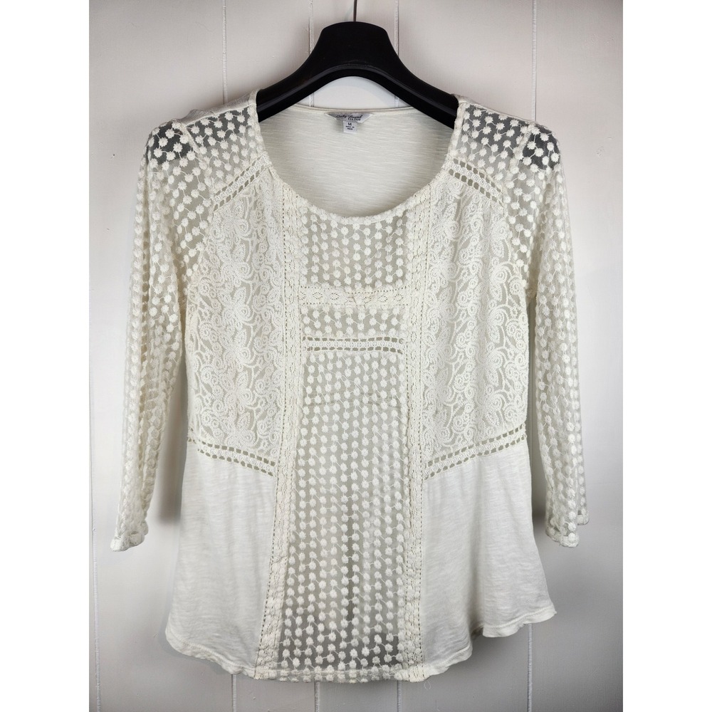 Lucky Brand Women Cream White Mixed Lace Swiss Dot Boho 3/4 Sleeve Top Medium
